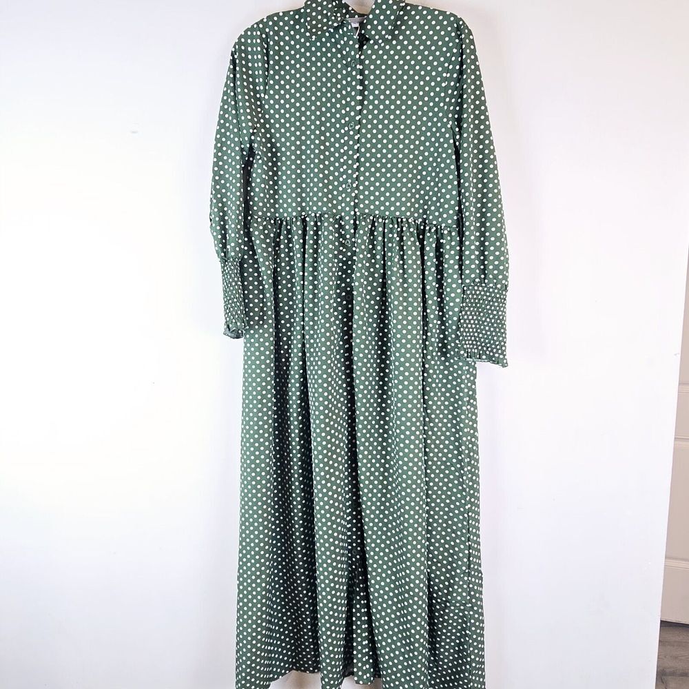 Women's Green And White Polka Dot Dress Long Smocked Sleeves Collar Buttons.E128